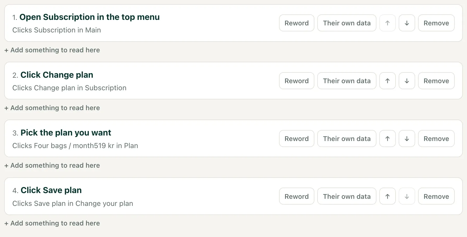 The four steps of Change your plan in the portal after rewording, each with Reword, Their own data, move and Remove controls.
