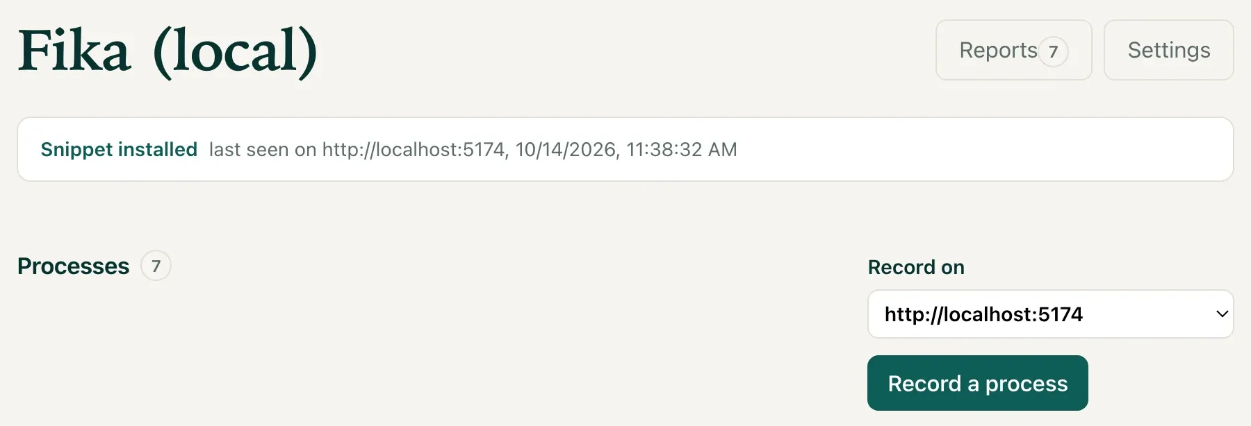 The Fika app's page in the Wendmark portal, with its processes listed and the Record a process button.