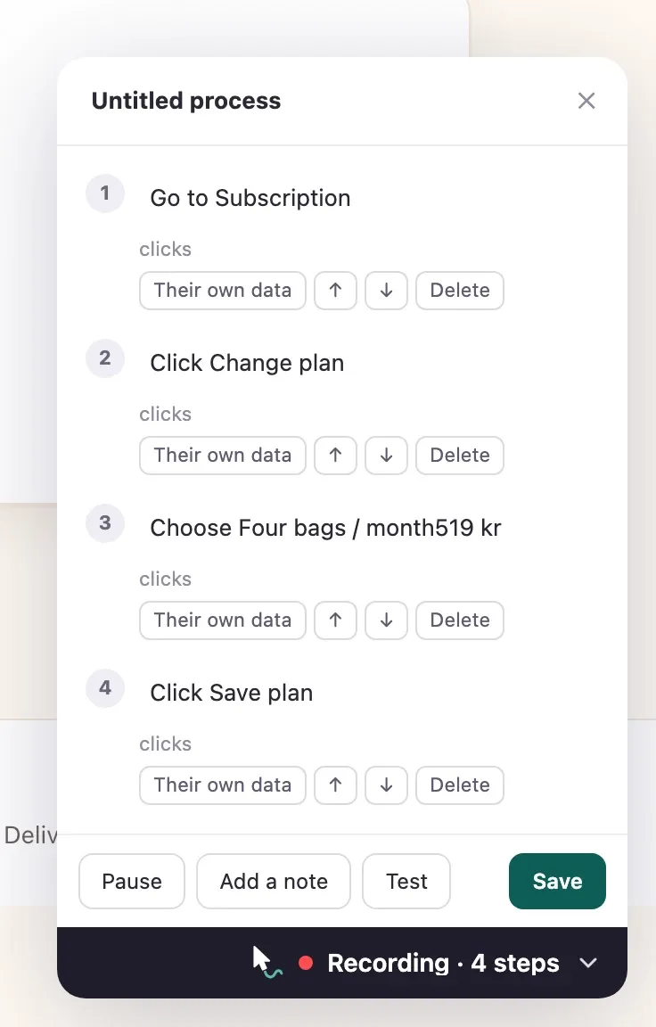 Wendmark's dark recorder panel after four clicks in Fika, listing four steps: Go to Subscription, Click Change plan, Choose Four bags a month and Click Save plan, with Pause, Add a note, Test and Save underneath.