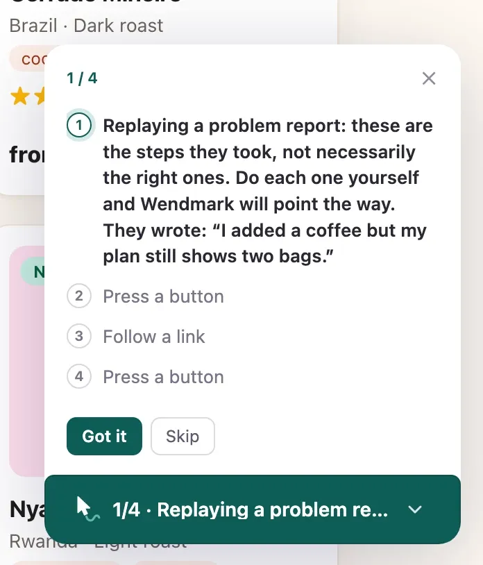 The teal guide panel in Fika at the start of a replay. It says this is a replay of a problem report: the steps they took, not necessarily the right ones, and quotes the customer's note, above the three steps.