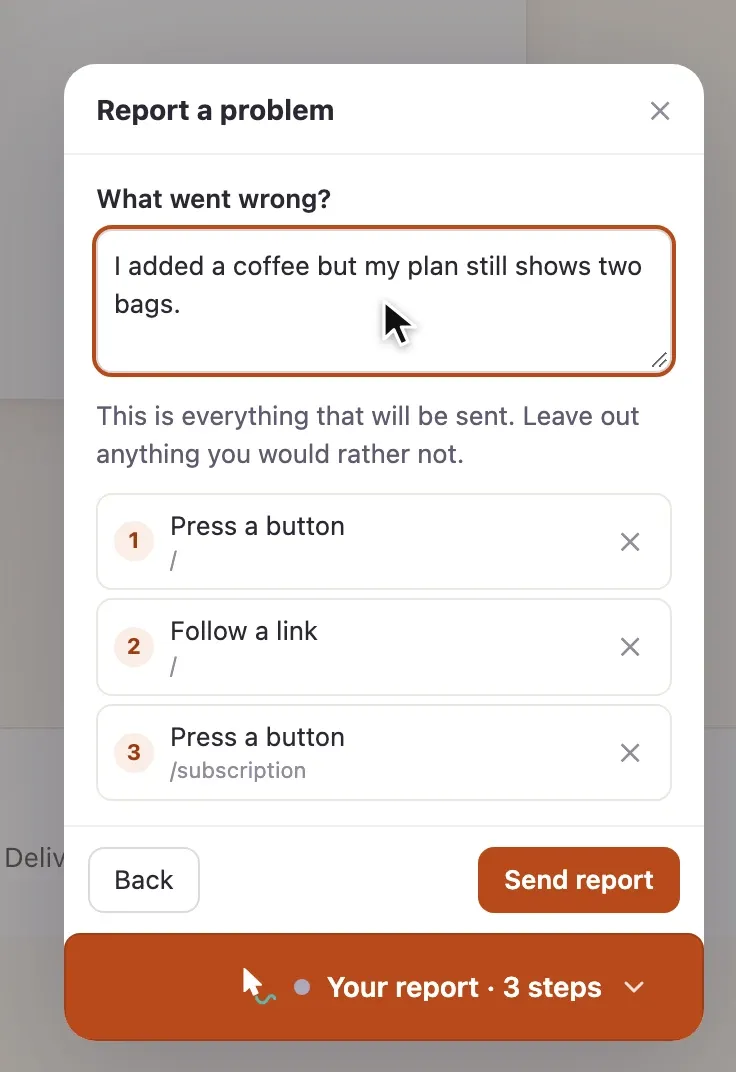 The Report a problem panel's last stage: the visitor has written that they added a coffee but their plan still shows two bags, above the three steps that will be sent and a Send report button.