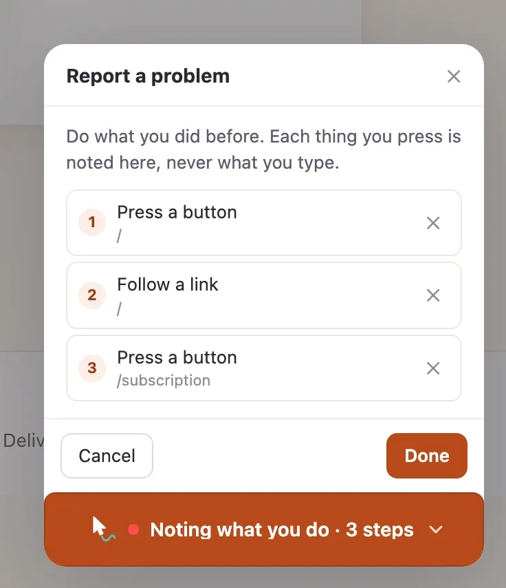 The orange Report a problem panel after three presses in Fika, listing them masked: Press a button, Follow a link, Press a button, each with the page it was on and a remove button.